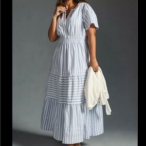 Just...Taylor Blue and White Striped Maxi Dress with puffed sleeves size Small